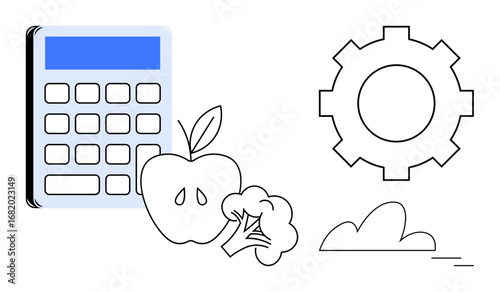 Calculator beside apple and broccoli, gear, and cloud representing healthy choices, nutrition, technology, sustainability, productivity, healthy living food calculation. Ideal for diet tech