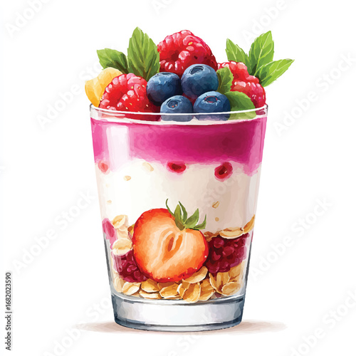 Layered fruit parfait with granola yogurt raspberry sauce and fresh berries