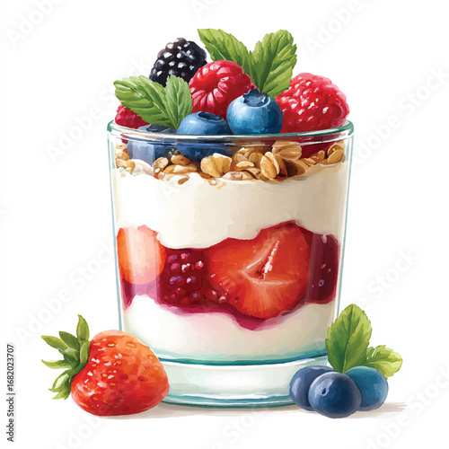 Layered Yogurt Parfait with Fresh Berries and Granola Artistic Watercolor Style