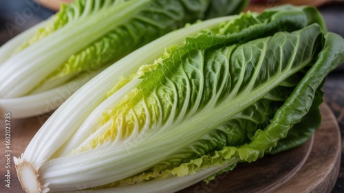 Fresh and Crisp Romaine Lettuce Heads on Wooden Board