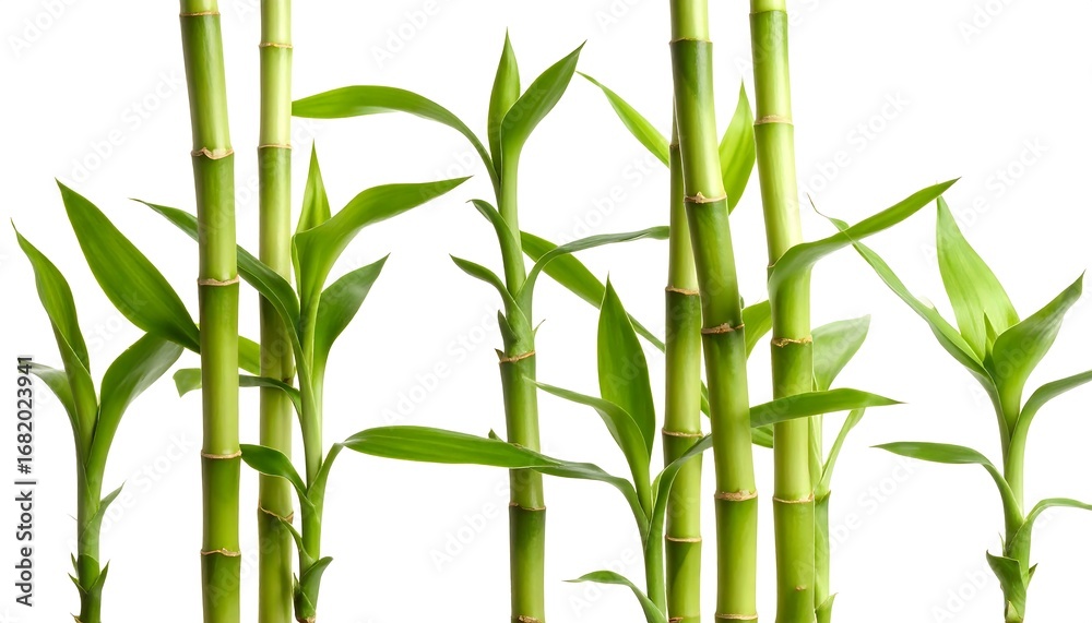 Fototapeta premium Lush, vibrant bamboo stalks with fresh green leaves against a plain white background.
