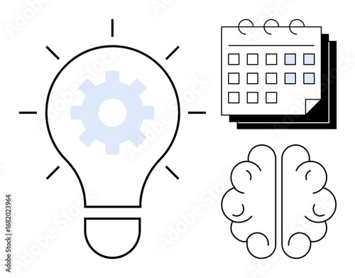 Gear-filled lightbulb, calendar, and brain outline symbolize creativity, planning, innovation, mental processing, productivity. Ideal for brainstorming, goal setting problem-solving team