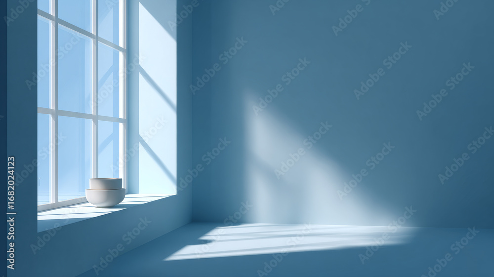 Fototapeta premium Serene interior scene featuring white window frame on blue wall, with soft shadows creating calming atmosphere