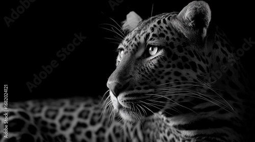black and white photo of a leopard on black background