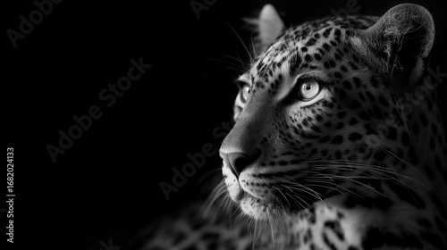 black and white photo of leopard on black background