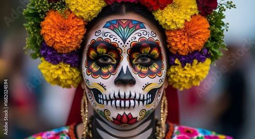Woman with traditional Day of the Dead face paint and floral headdress.