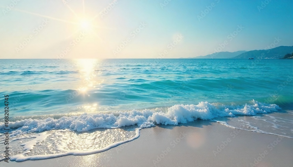Fototapeta premium Serene blue water gently laps a tranquil shore, creating a calming atmosphere perfect for meditation or relaxation The sun casts a soft glow on the peaceful scene , water, sand, meditation