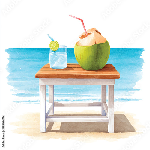 Refreshing Coconut Drink and Lemonade on Beachside Table with Ocean View