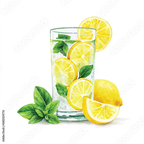 Refreshing lemon and mint infused water in a glass with lemon slices