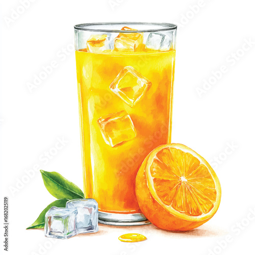 Refreshing orange juice watercolor with ice cubes and sliced orange