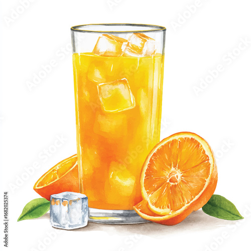 Refreshing orange juice with ice cubes and orange slices watercolor illustration