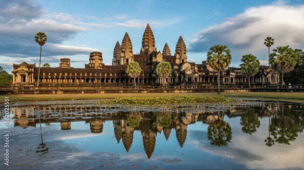 Naklejka premium Angkor Wat Temple in Cambodia Reflected in Still Water at Sunrise
