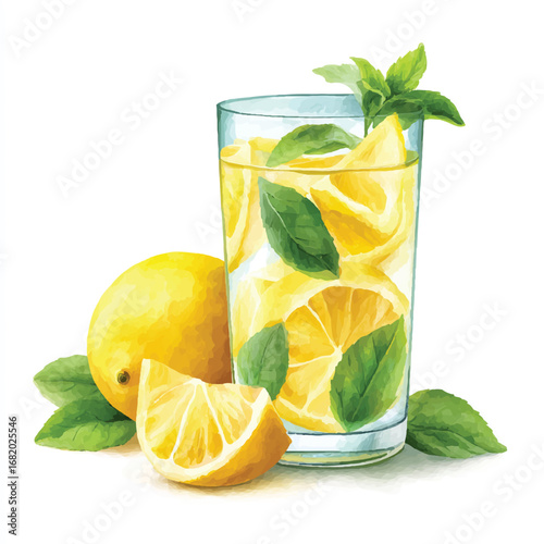 Refreshing Watercolor Illustration of Lemonade with Mint and Fresh Lemons