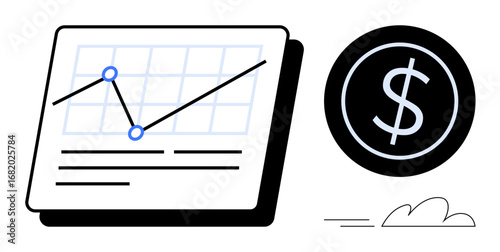 Graph with upward trend line and data points beside a large dollar coin Ideal for finance, investment, business growth, economy, analytics, profit, success themes. Simple flat metaphor
