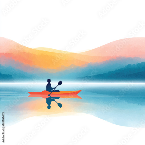 Silhouette of a kayaker paddling on a serene lake with colorful hills