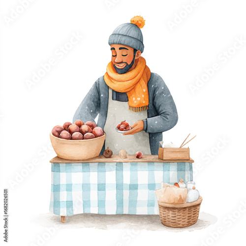 Smiling chestnut vendor with orange scarf and blue beanie selling roasted chestnuts