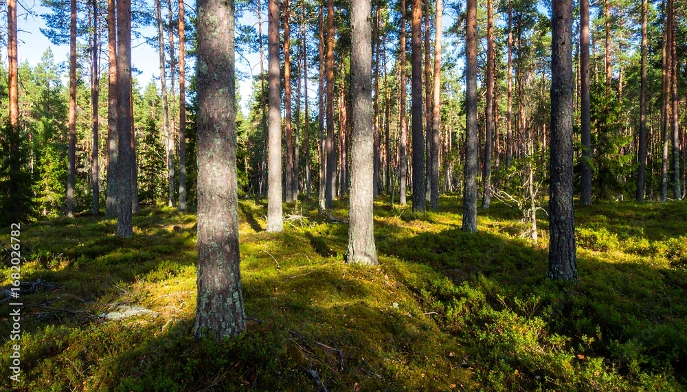 Fototapeta premium Sunlight filtering through a pine forest