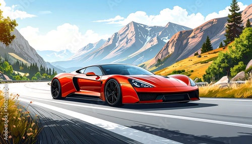 A vibrant illustration showcases a sleek, red sports car navigating a winding mountain road, surrounded by lush landscapes and majestic peaks.