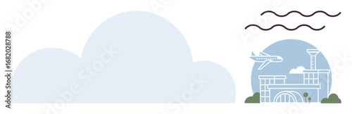 Airplane flies above airport terminal with control tower, surrounded by clouds and air currents. Ideal for travel, aviation, airport planning, transportation, tourism, weather logistics. Simple flat