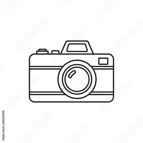 Outline of a vintage camera on a white background.