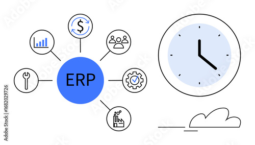 Central ERP module connected to icons for finance, analytics, people, tools, automation, and settings. Clock signifies time tracking. Ideal for business, management efficiency process optimization