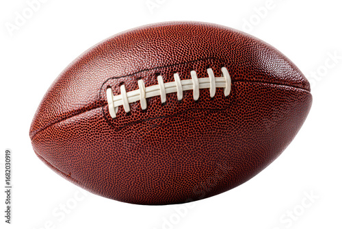 Close-up of a brown leather American football, showing the stitching