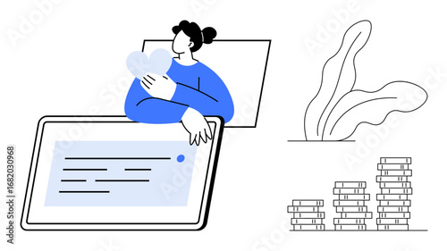 Woman holding heart shape near large tablet with displayed text, stacked coins symbolizing finance, and plant for growth representation. Ideal for business, finance, creativity, self-expression