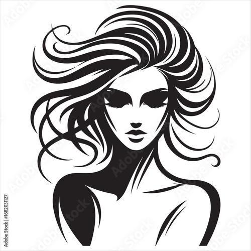 A glamorous woman with a long black hairstyle and elegant facial features