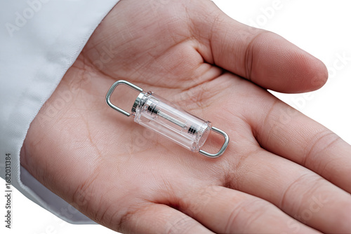 Tiny clear cylindrical device, held in a hand