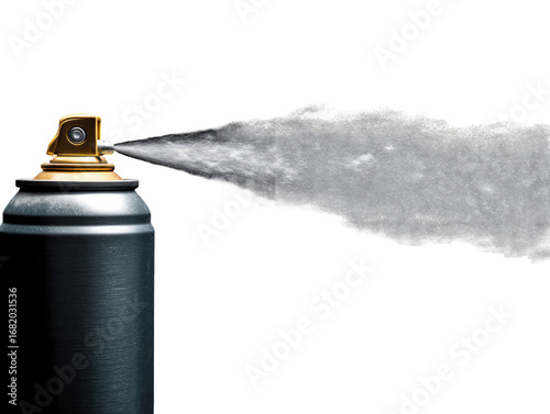 A dark-gray spray can with a gold nozzle, releasing a cloud of white spray