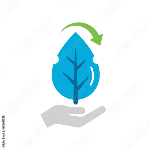 Blue leaf above a hand with a green recycling arrow.