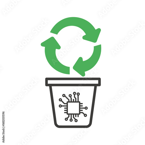 Recycling symbol above trash can with circuit board icon representing electronic waste.