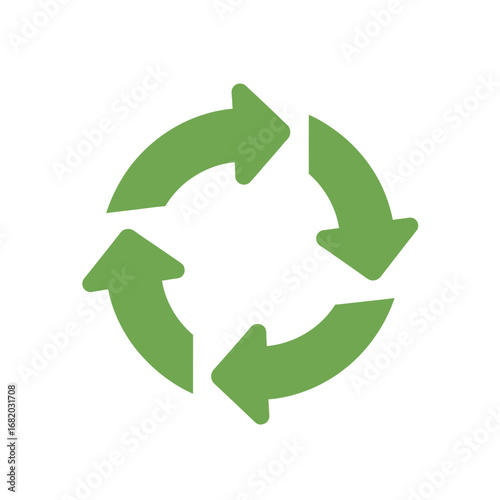Green recycle symbol with four arrows in a circular motion on white.
