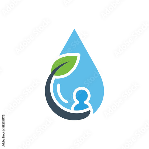 Water drop icon with leaf and human figure inside a crescent shape.