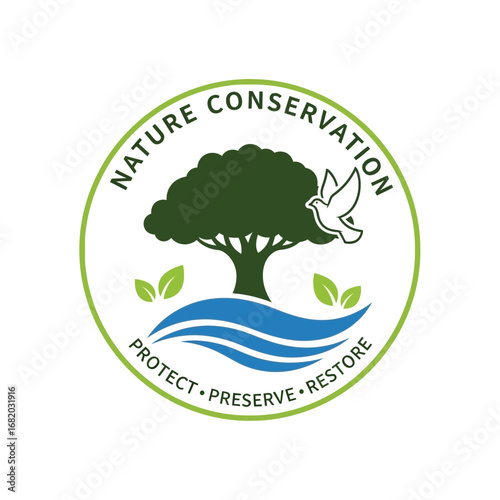 Nature conservation logo with tree water dove and leaves on white background.