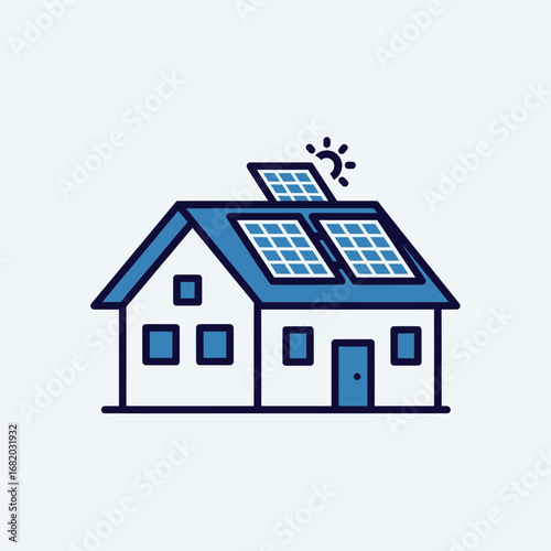 House with solar panels on the roof illustration in blue and white.