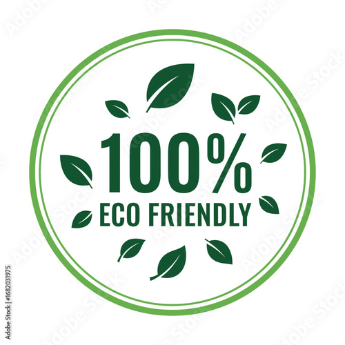Eco friendly label with leaves and text in a circle on white.