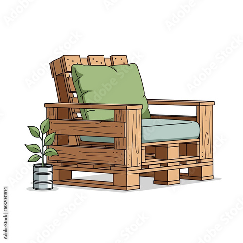 Wooden pallet chair with green cushions and a potted plant illustration.