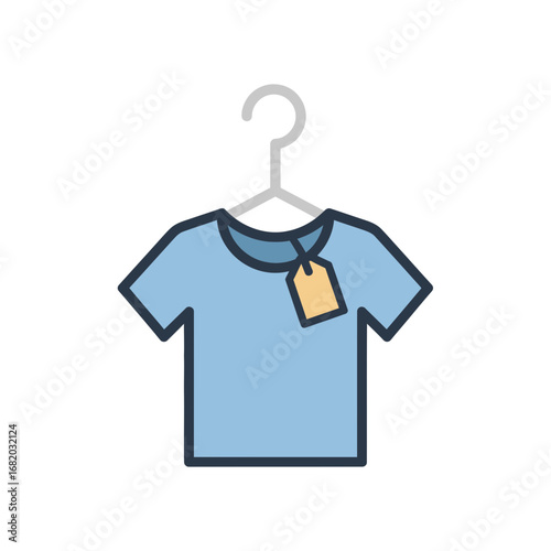 Blue t-shirt hangs on a hanger with a tag attached to it.