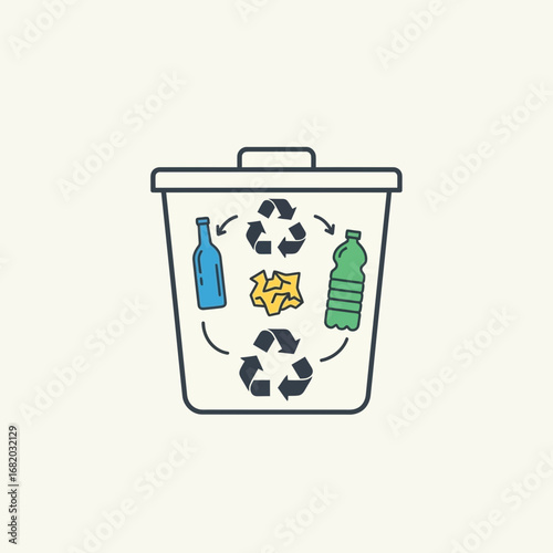 Recycling bin with symbol and various recyclable materials illustration on a light background.