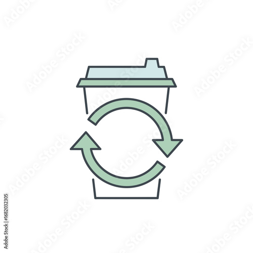 Coffee cup with recycling symbol indicating reusable or recyclable container.