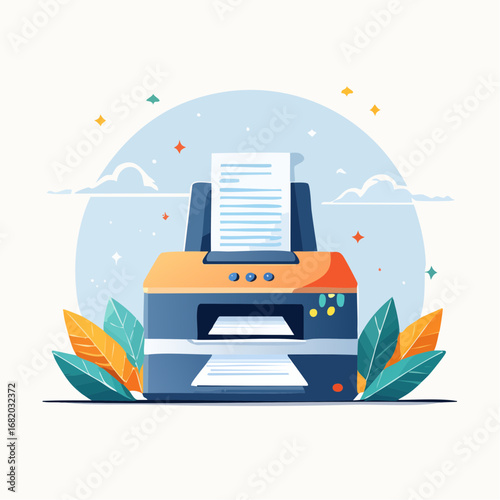 Colorful Flat Illustration Of A Printer With Document Output