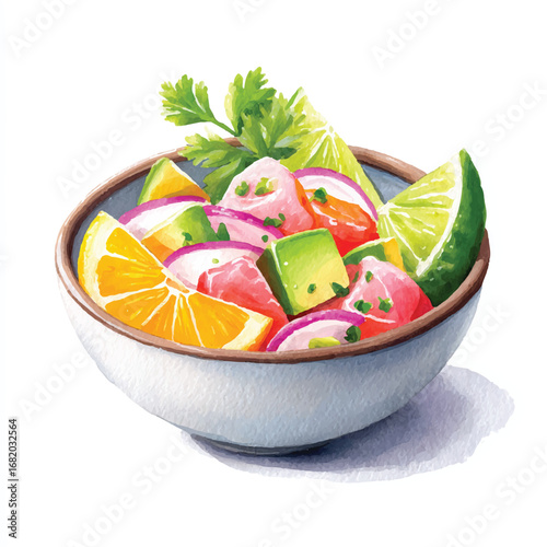 Vibrant ceviche bowl with citrus avocado red onion and cilantro garnish
