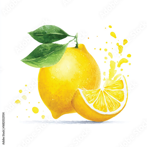 Vibrant Watercolor Lemon with Splashing Juice and Leaves