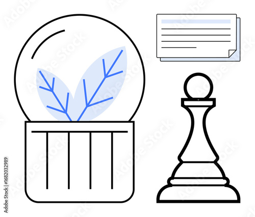 Glass dome with leaves, chess pawn, and document sheet representing growth, strategy, and communication. Ideal for sustainability, planning, education, leadership innovation and creativity themes