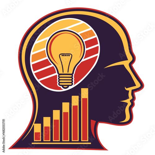 Mind's Brilliance: Conceptual imagery of a human head incorporating a lightbulb symbolizing an innovative idea, with rising graph bars representing growth and progress. 