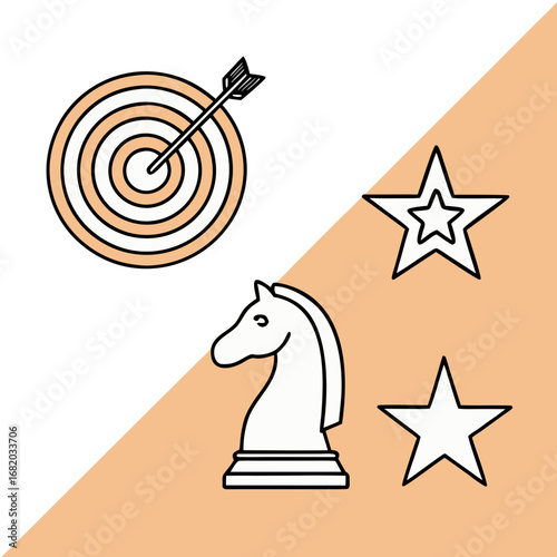 Strategic Symbols and Celestial Design: A minimalist composition, featuring a bullseye target, star, and a chess knight, symbolizing strategic planning and achieving success.