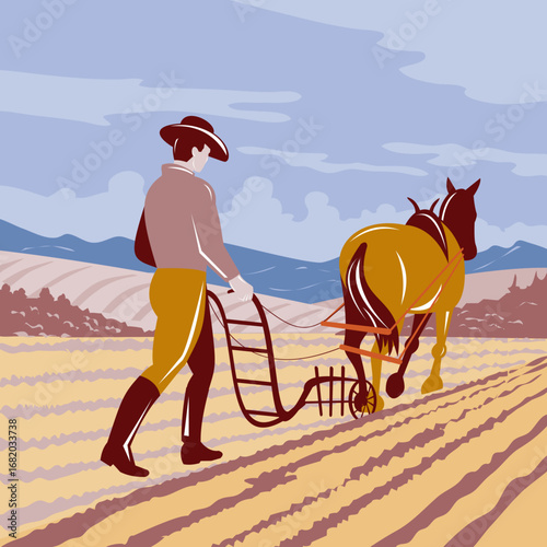 WPA poster art of a farmer and horse plowing wheat field near Palouse in the heart of Eastern Washington State, United States done in retro works progress administration style.