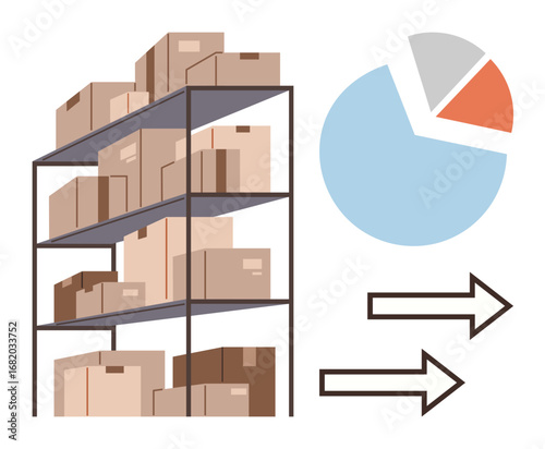 Shelves loaded with delivery boxes alongside a pie chart and two arrows pointing in opposite directions. Ideal for logistics, supply chain, delivery management, storage solutions, business analytics