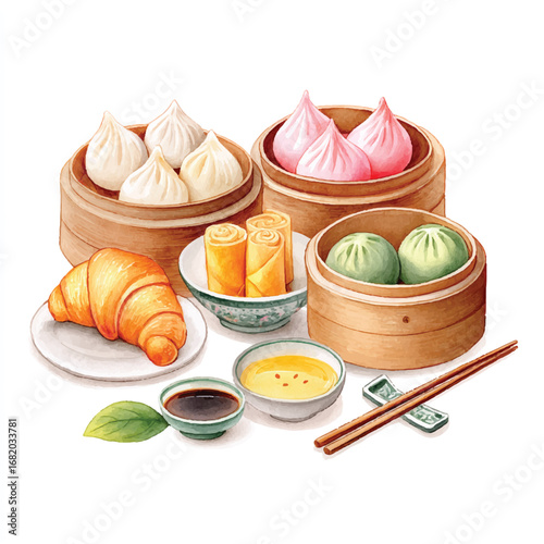 Watercolor Asian Cuisine Still Life with Dim Sum Spring Rolls and Croissant